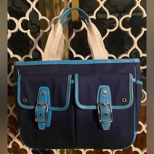 (MINT) COACH HAMPTONS TWILL GARDEN TOTE DEEP MARINE NAVY TURQUOISE TRIM (LARGE)